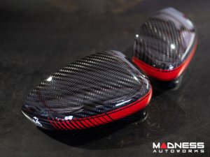 FIAT 500 Mirror Covers - Carbon Fiber - Red Racing Stripe w/ White Scorpion